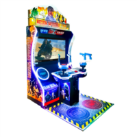Colorful arcade racing game cabinet with a motorcycle on the screen and neon lights surrounding the controls.